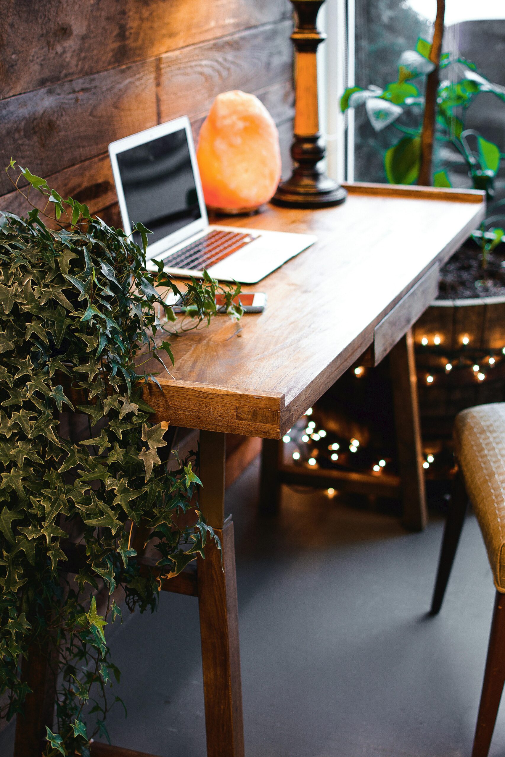 A cozy home office setup featuring a laptop, salt lamp, and small plants on a warm wooden desk.